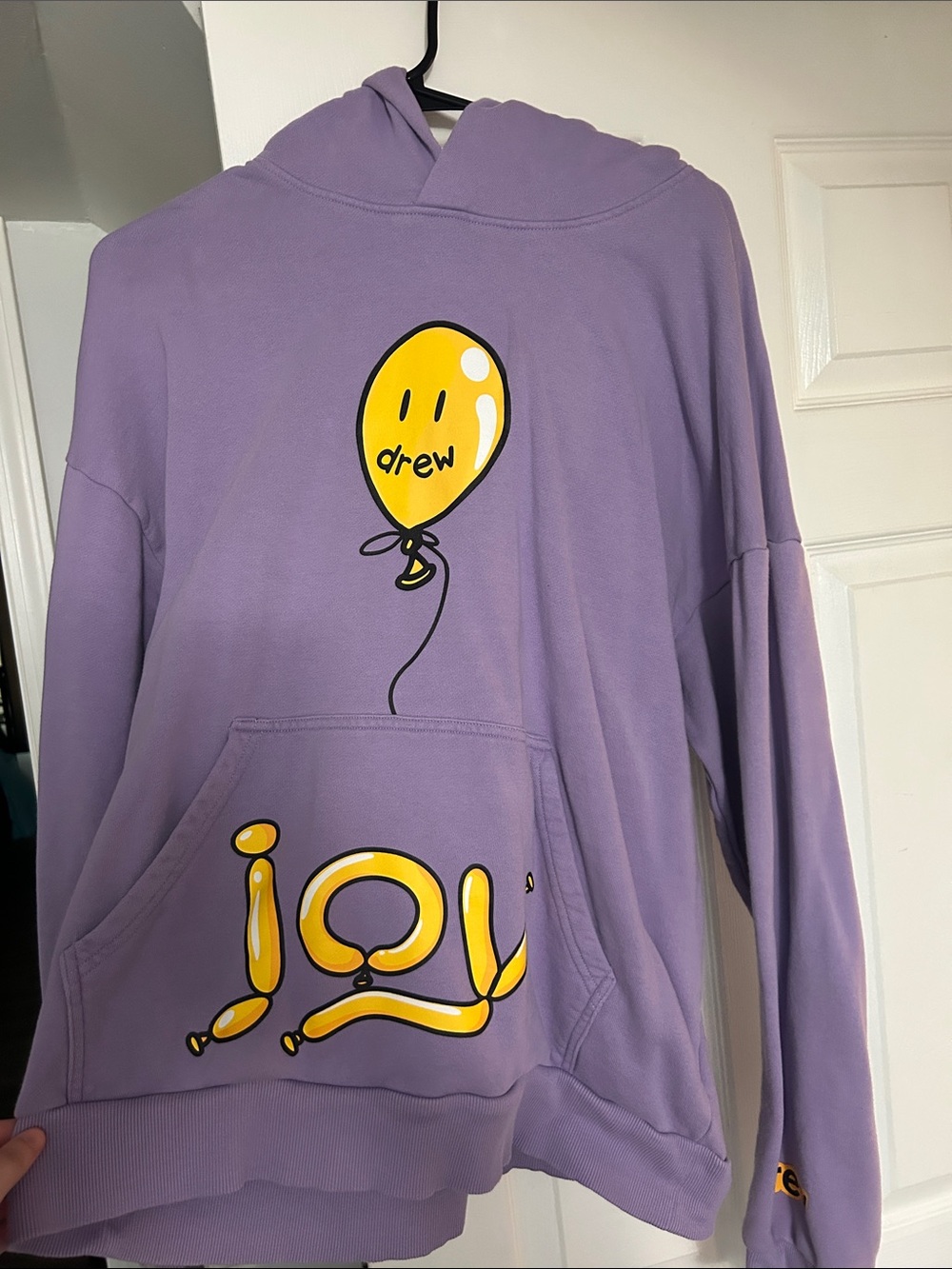 drew house Lavender Hoodie with Yellow Balloon Graphic